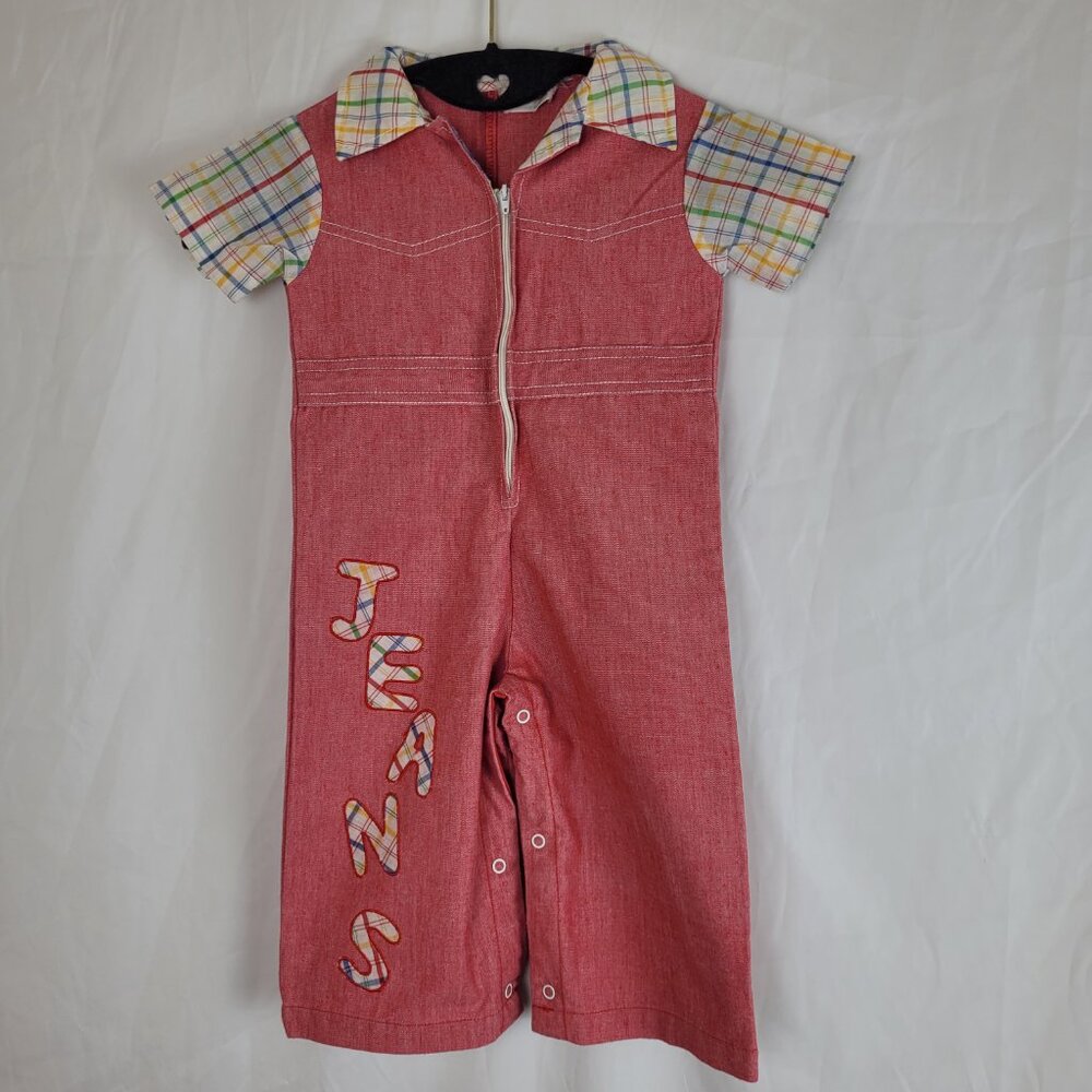 Vintage original Tiny Tots 2T/3T cotton romper red plaid coveralls western Jeans